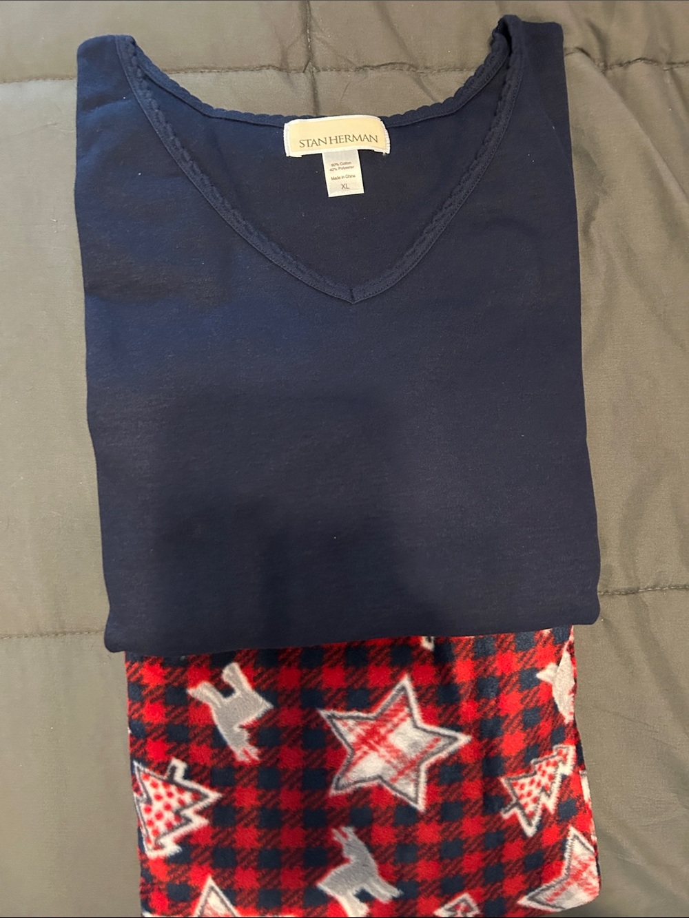 Adult XLarge Navy Top and Red Plaid Star Pajama Set